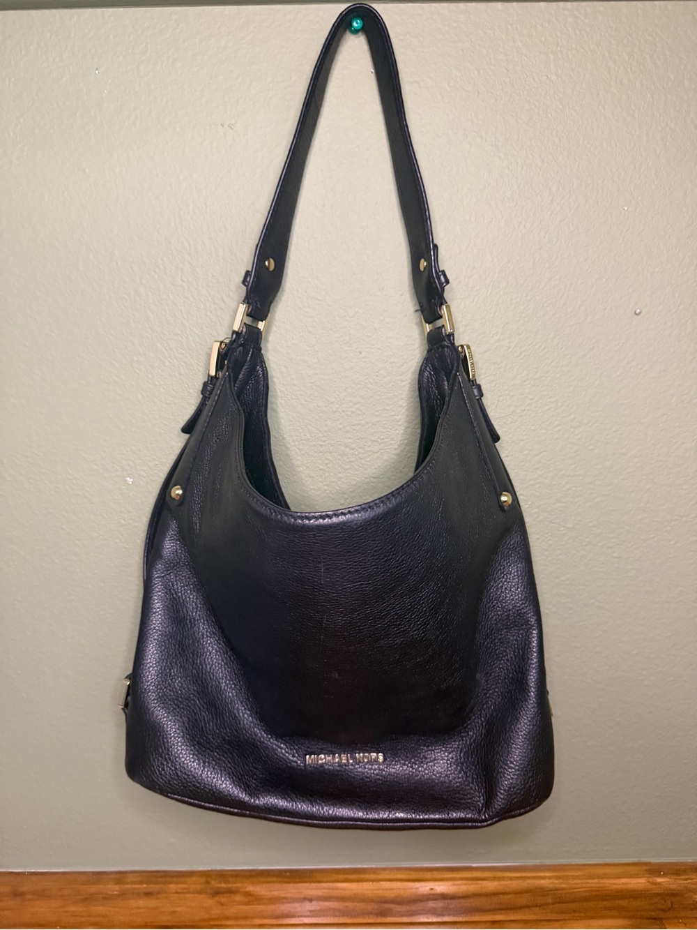 Michael Kors Black Pebbled Leather Shoulder Hobo with Gold-Tone Accents